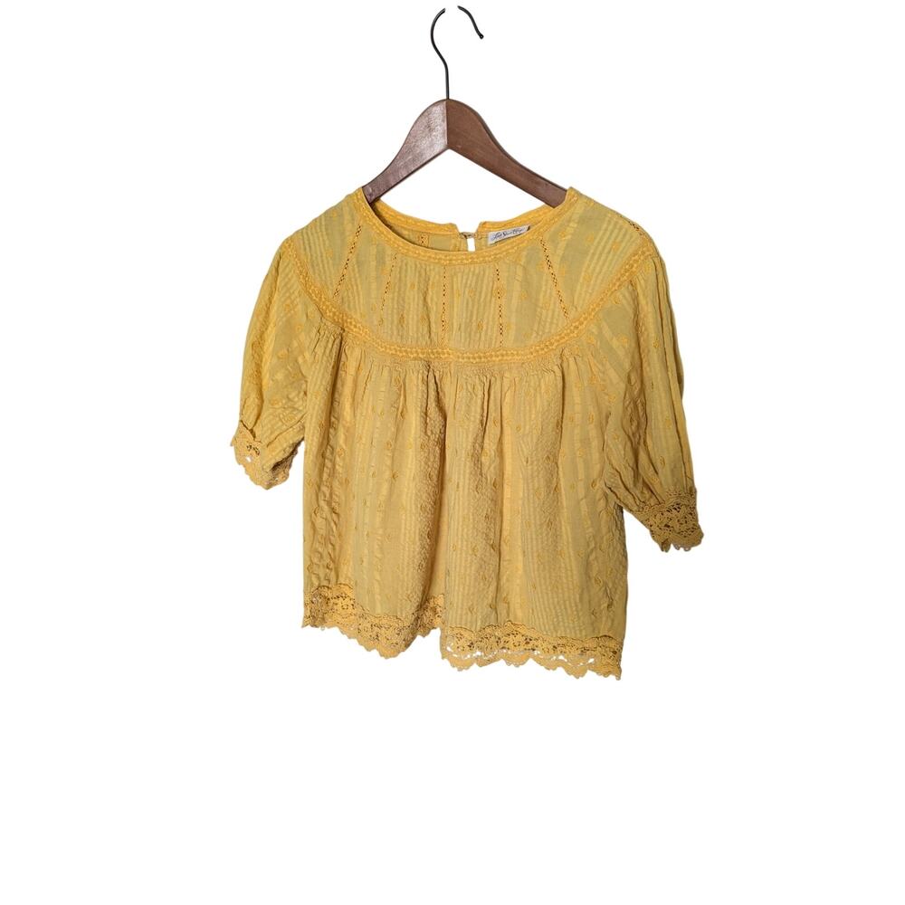 LoveShackFancy Yellow Embroidered Lace Crochet Trim Top